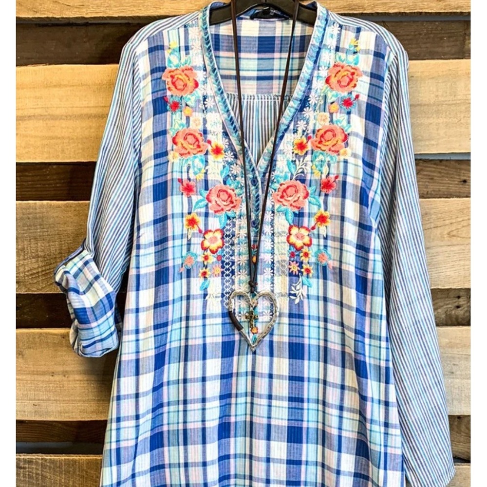 Angel Heart Boutique Embroidered Top Plaid Boho,‎ Vacation Laganlook 2XL